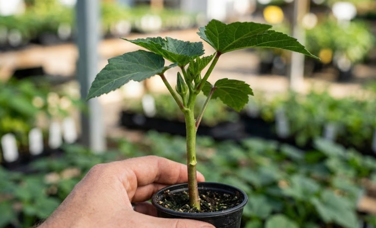 家庭菜園で失敗しないオクラの苗の選び方・茎が太く葉の緑が濃い健康なポット苗のクローズアップ写真